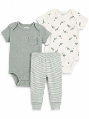 NWT Carter’s 3 Piece Baby Boy Outfit Set 12M Dinosaur Onesies & Striped Pants